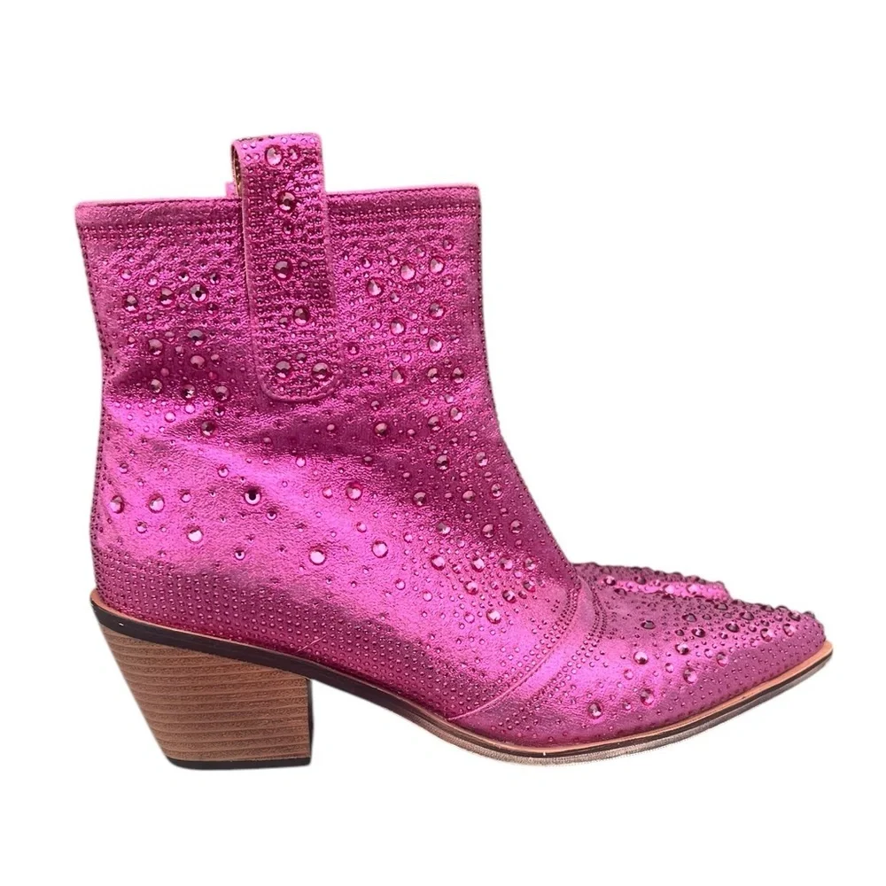 ISNOM 11 Metallic Pink Rhinestone Western Boots Booties Cowgirl Festival Concert - Picture 7 of 13